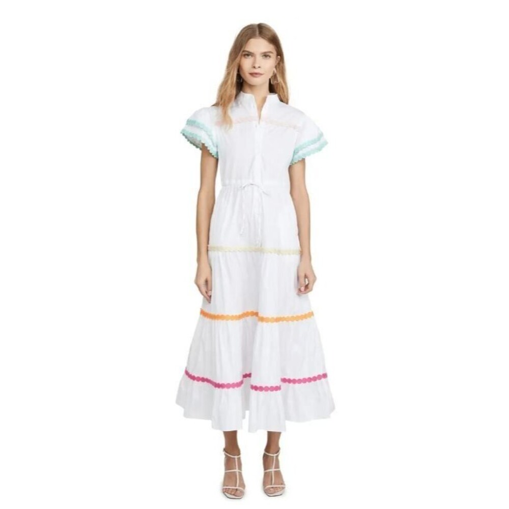 Mazik White Midi Maxi Dress Cotton Multicolor Circle Trim Layered Button Front S